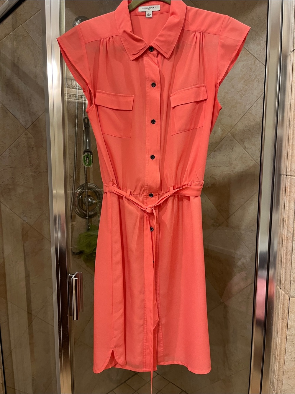 Banana Republic Coral-Orange Cap-Sleeve Shirt Dress with Tie Waist